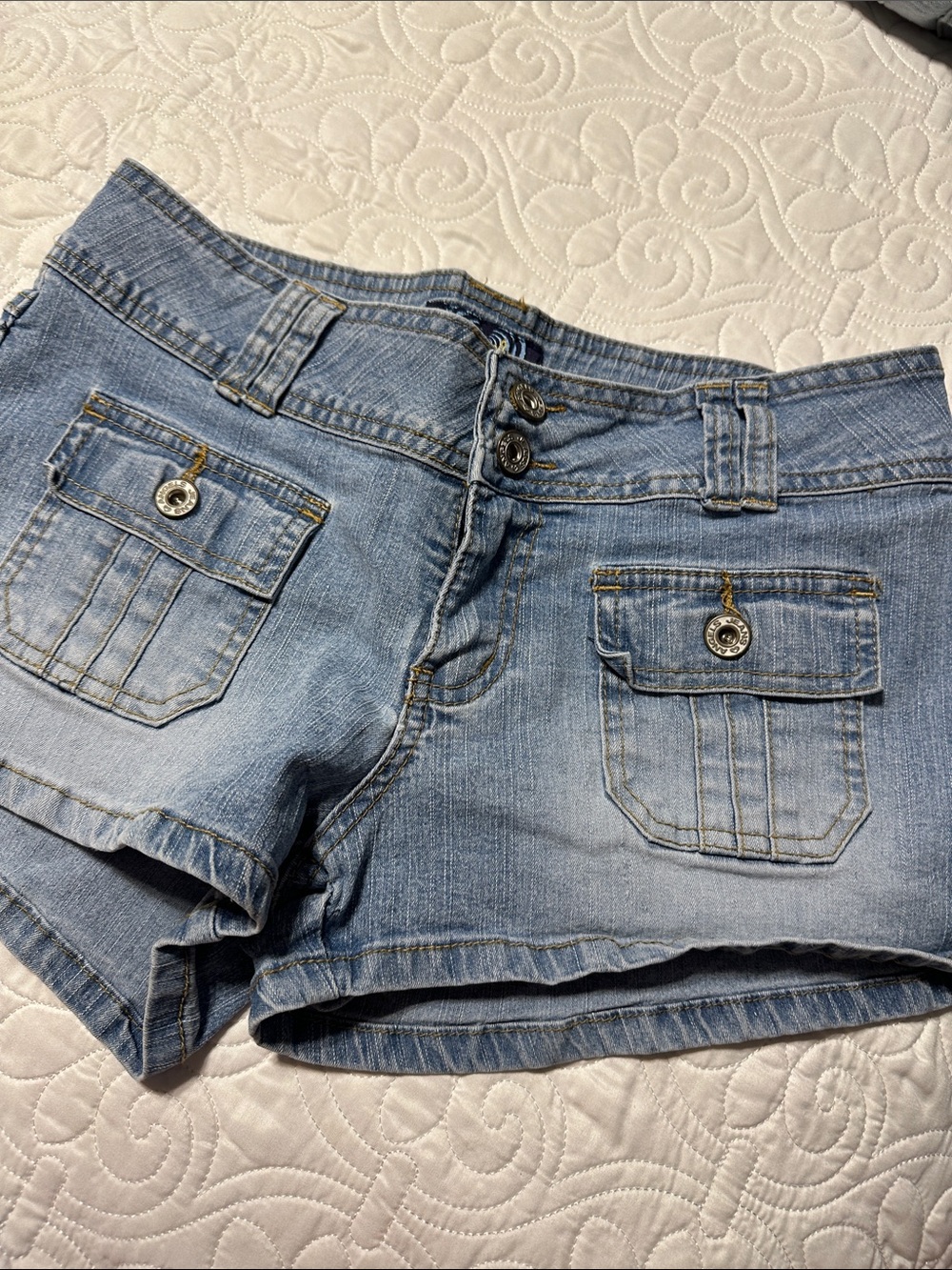 Angels Light Blue Denim Shortalls with Front Flap Pockets
